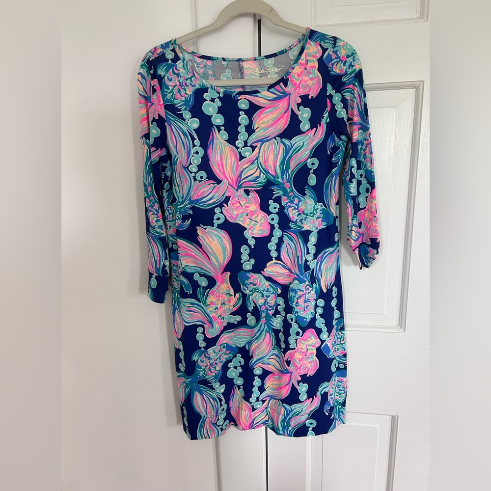 Lilly Pulitzer Goldfish Navy Blue Shift Dress T Shirt Dress Fish Bubbles Bright
